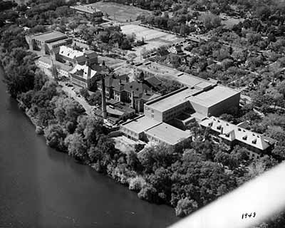 Aerial view of Stewart Hall and Old Main, 1948