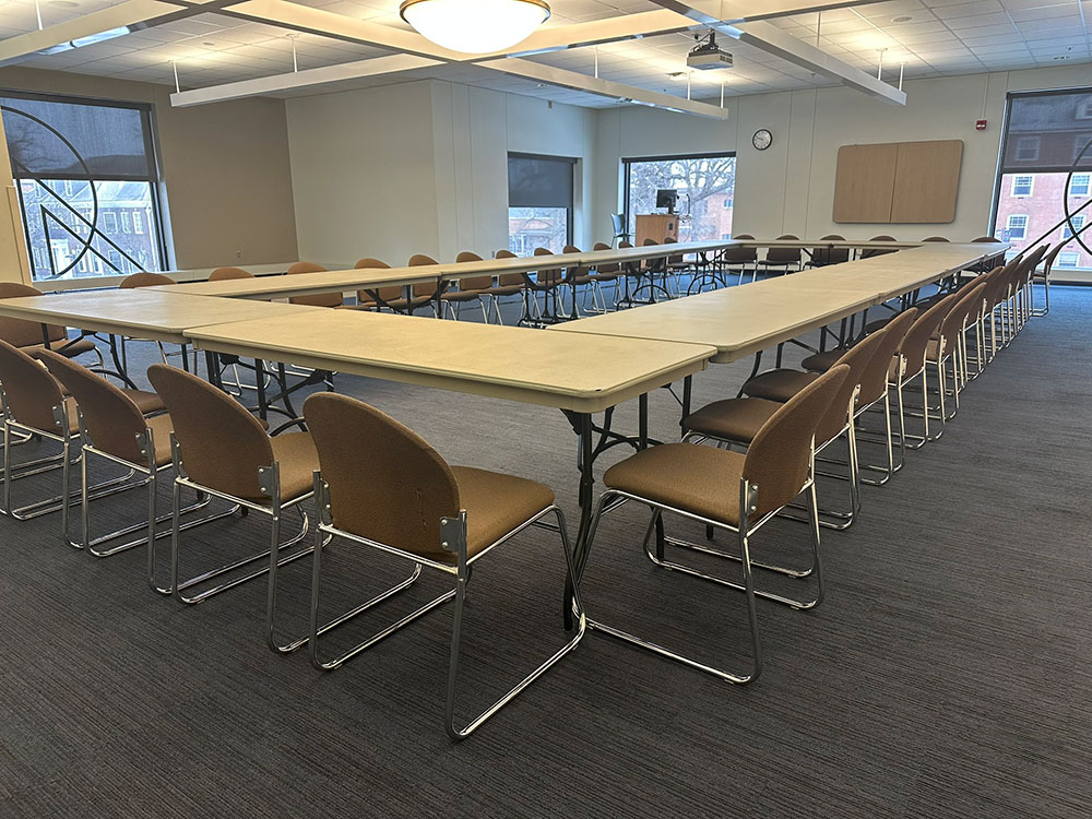 an interior view of the Voyageurs North Room in Atwood Memorial Center showing multiple tables combined together