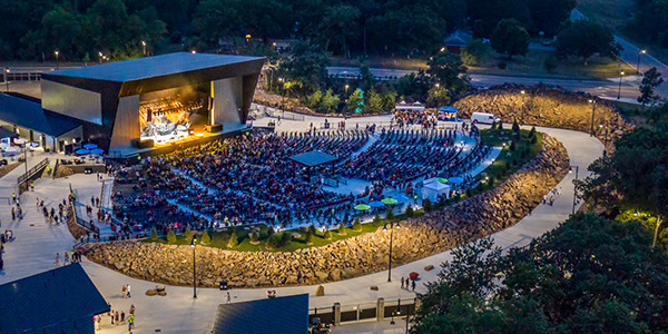 Aerial view of the Ledge Amphitheater during a concert