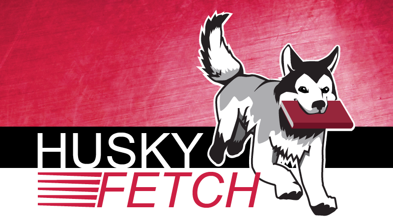 Husky Fetch graphic shows a dog running with a book in its mouth on a black and red background