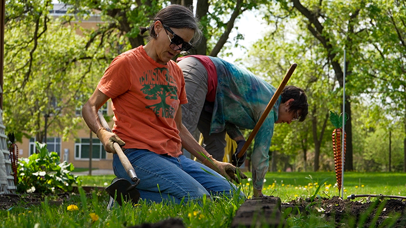 Two women kneeling in community garden with tools in hand