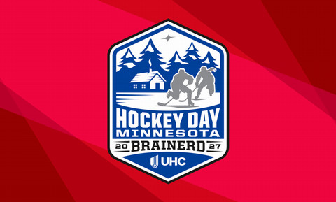 Hockey Day Minnesota 2027 logo on red prism background
