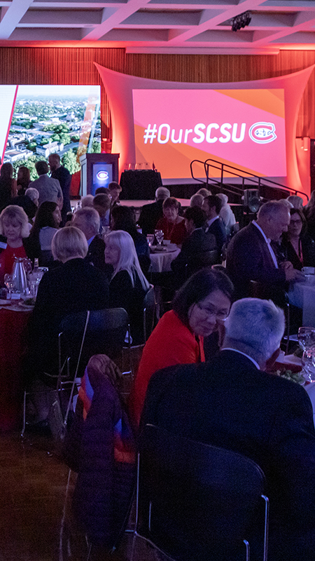 A wide view of the Atwood Ballroom during the dinner of the Gala