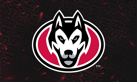 SCSU Huskies logo over a background with red Huskies text