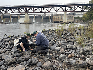 Students collecting samples in field geology on a river bank