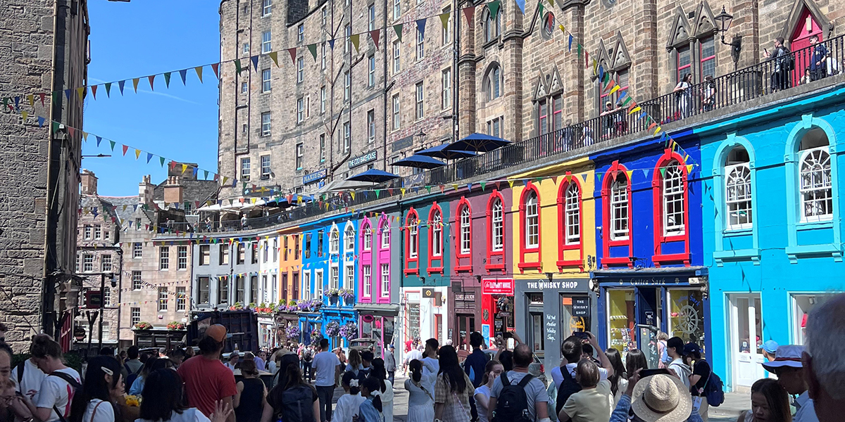 Workshop attendees exploring colorful English town