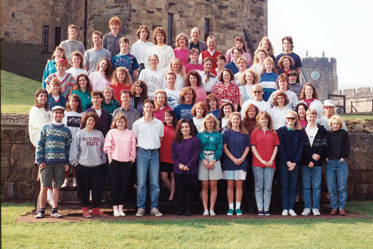 Class photo in front of castle