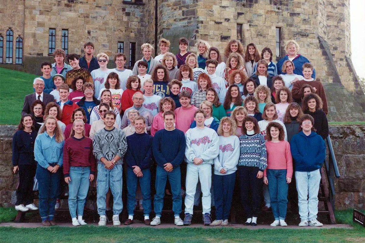 Class photo in front of castle