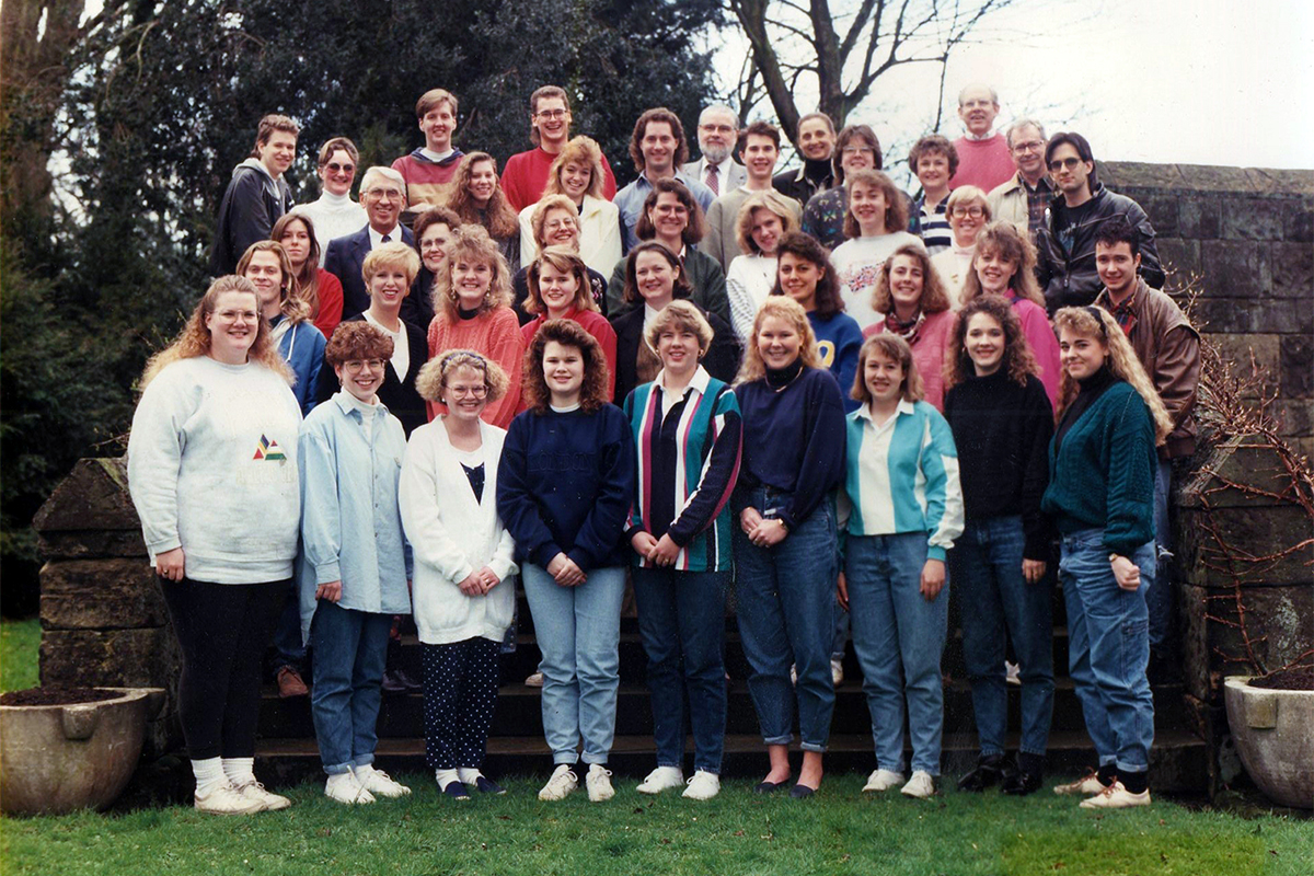 Class photo in front of castle