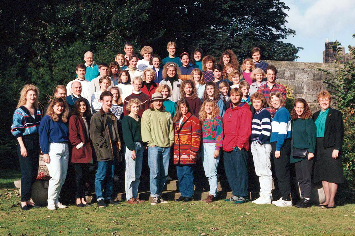 Class photo in front of castle
