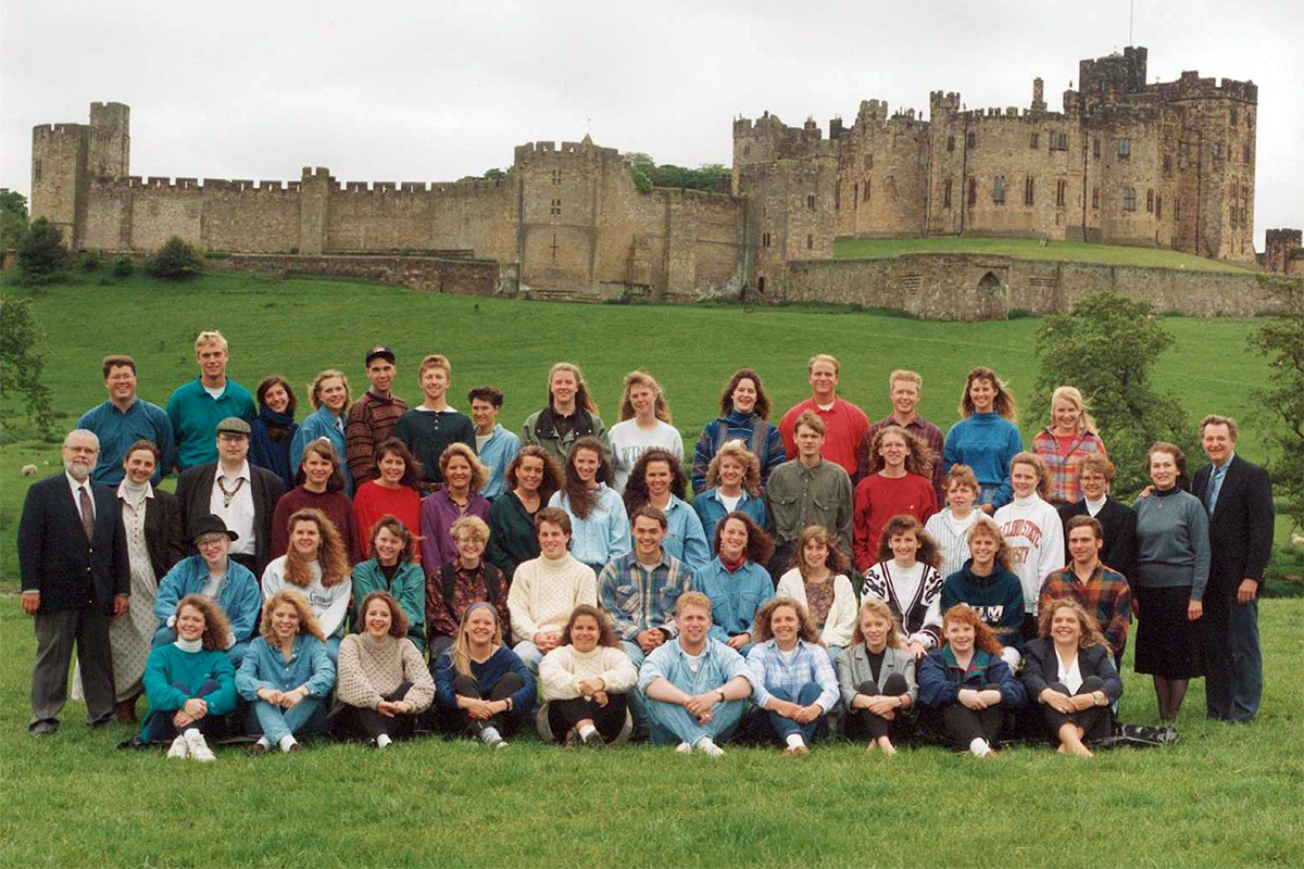 Class photo in front of castle