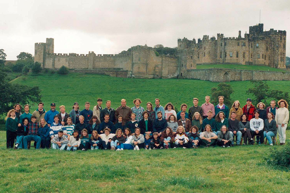 Class photo in front of castle