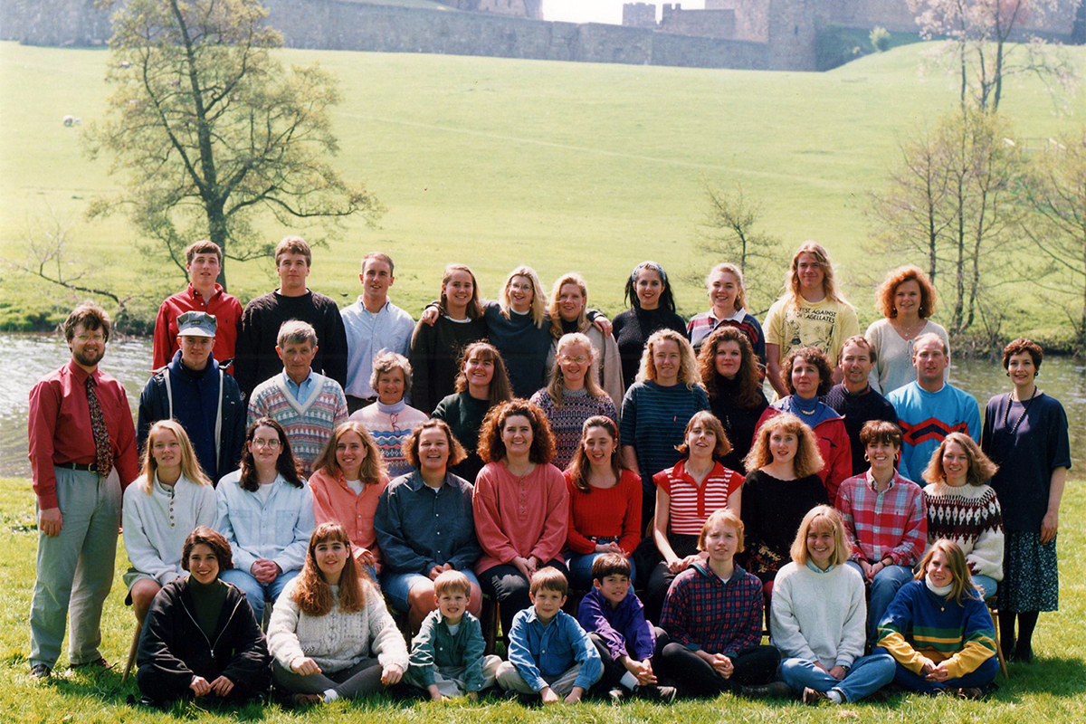 Class photo in front of castle