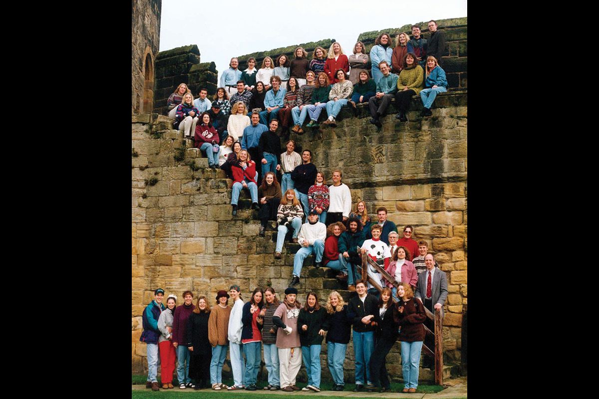 Class photo in front of castle