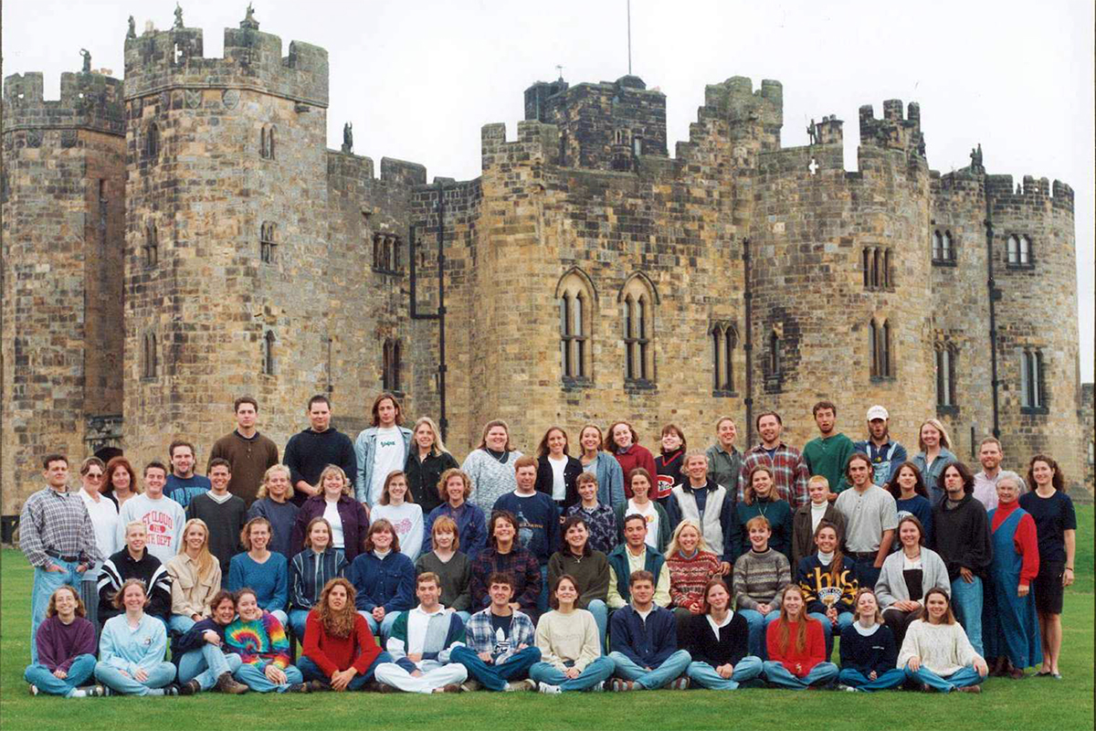 Class photo in front of castle