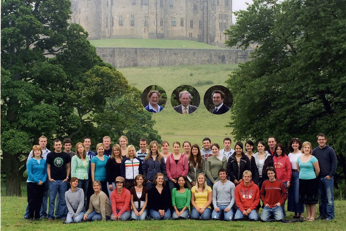 Class photo in front of castle