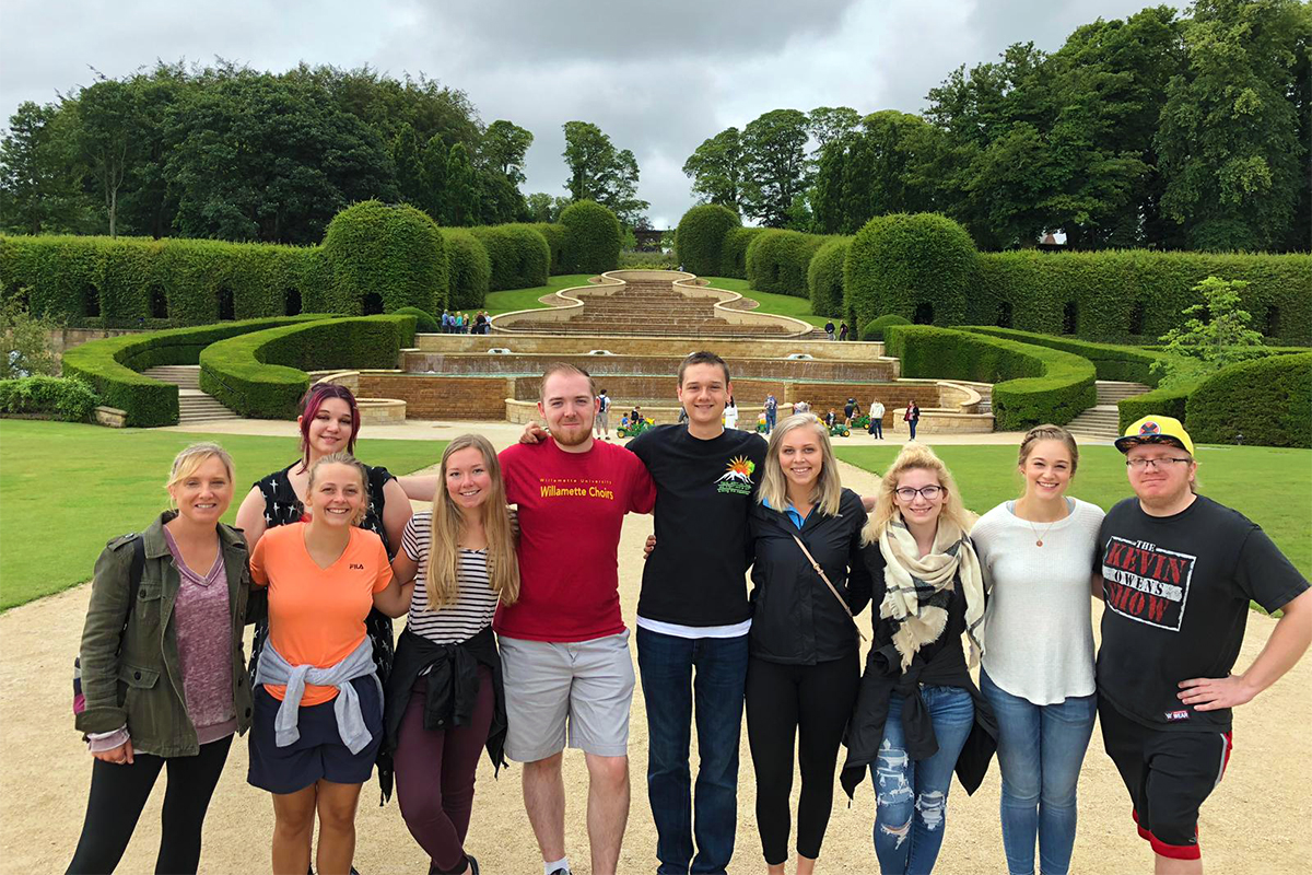 Class photo in front of castle