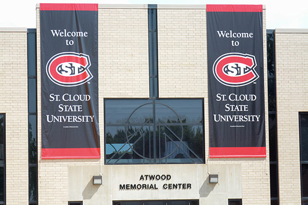 exterior view of Atwood Memorial Center with banners
