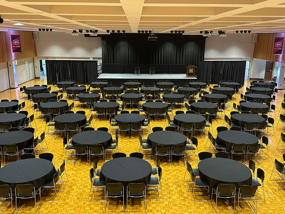 an interior view of the Ballroom in Atwood Memorial Center showing multiple tables set up for an event