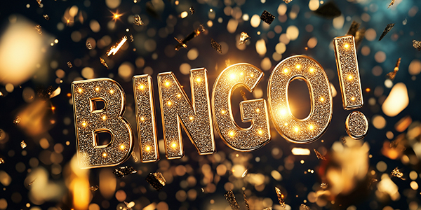 "Bingo" graphic with gold confetti