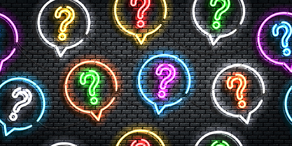 Graphic of multiple question marks in neon light