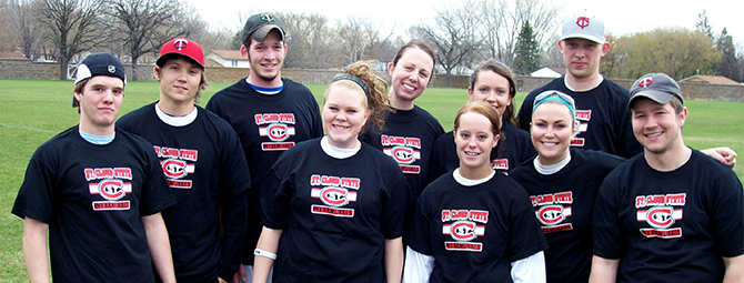 A co-recreational intramural softball team