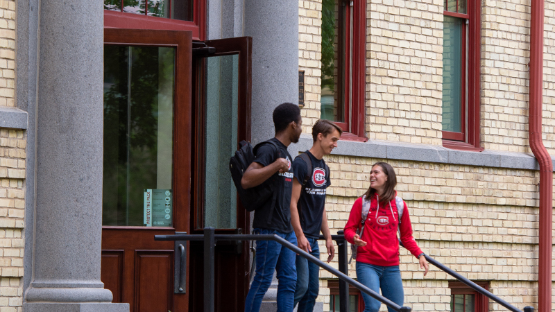 Students leaving the Riverview building after a class