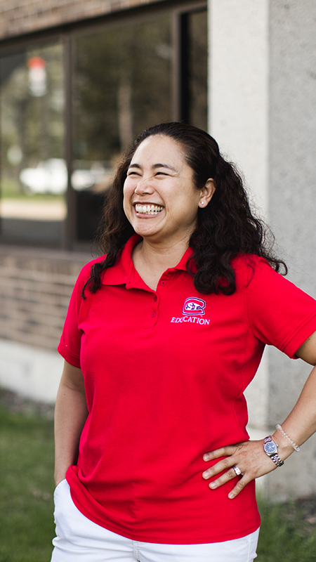 Woman smiling at others