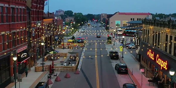 Aerial view of Downtown St. Cloud in the evening