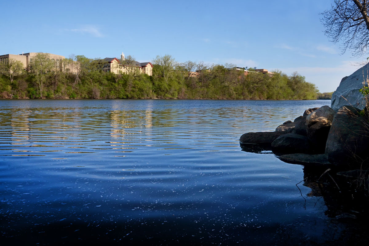 A view of the Saint Cloud State University campus from the Mississippi River on a sunny day.