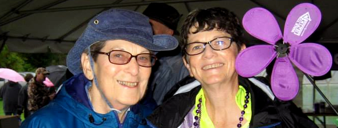 A pair of women participate in the annual Alzheimer's Association fundraising walk