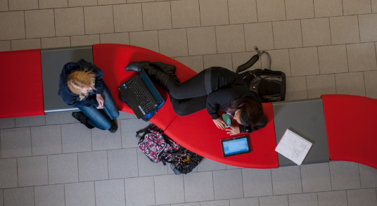 St. Cloud State students working together on a bench