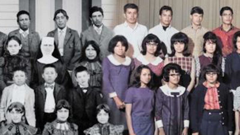 Split image of Native American school children, late 1800s and 1960s