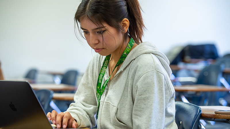 Student in class using laptop