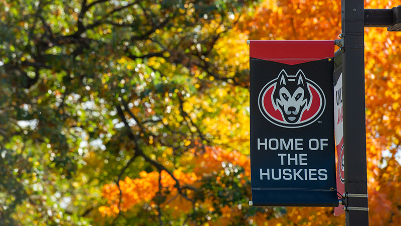 "Home of the Huskies" banner hung on campus light pole