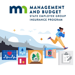 an image of MMB's State Employee Group Insurance Program logo with a cartoon person running with different health-related icons
