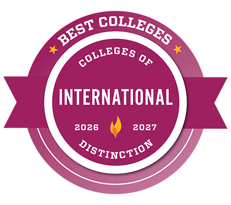 A circular maroon badge labeled 'Best Colleges – Colleges of Distinction' with the word 'International' in the center for the years of 2024-2025