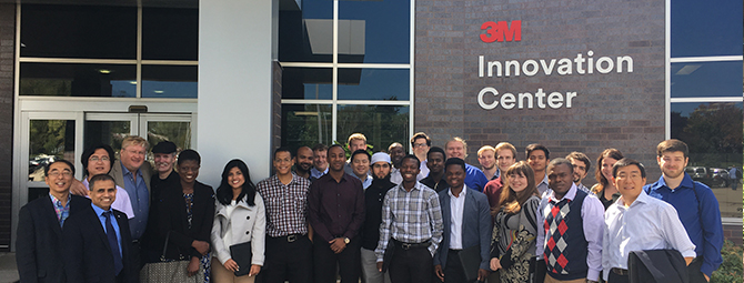 Students and faculty outside the 3M innovation center