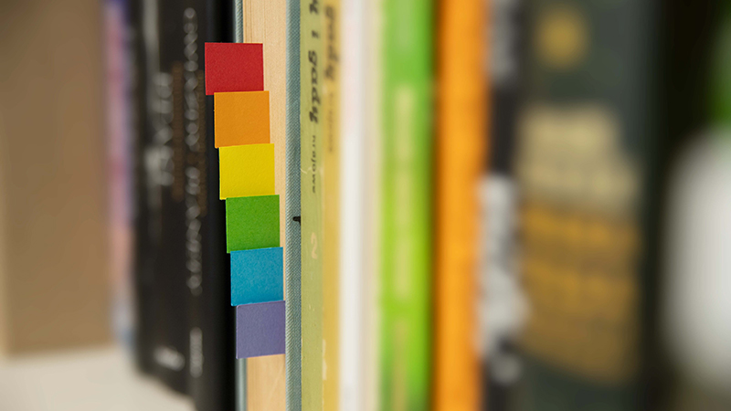 A row of books with rainbow colored bookmarks