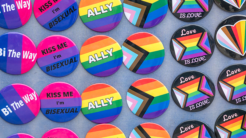 A variety of LGBTQ+ wearable buttons
