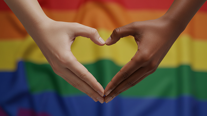 Two hands making the shape of a heart in front of a rainbow Pride flag