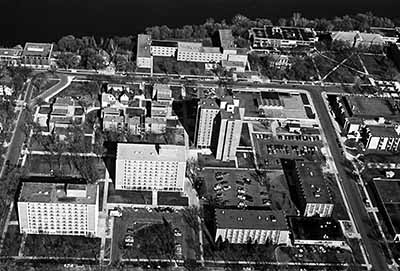 Aerial view of north side dormitory complex, 1977