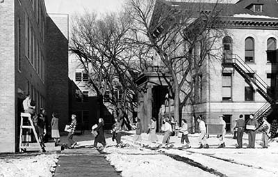 Moving equipment from Old Main to Stewart Hall, December 1948