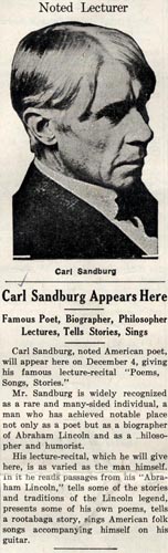 Newspaper clipping of Sandburg's visit