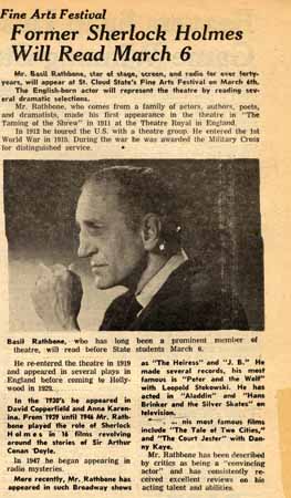 Newspaper article about Basil Rathbone's visit