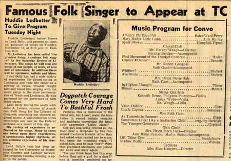 Newspaper clipping of Huddie Ledbetter' at Eastman Hall