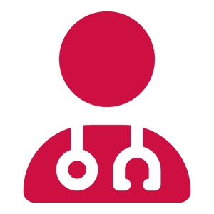 Red icon of medical person with stethoscope around neck