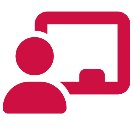 Red icon of person in front of chalk board