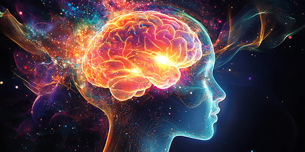 Semi-transparent outline of human head with brightly colored brain activity