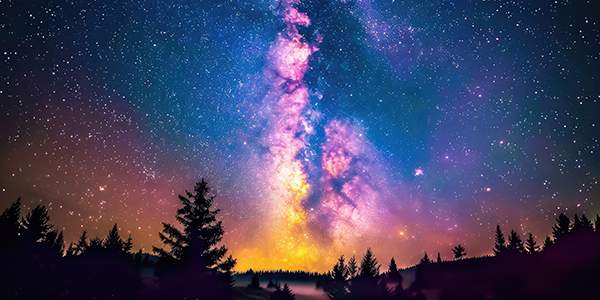 Brightly colored night sky framed by silhouette of pine trees in the foreground